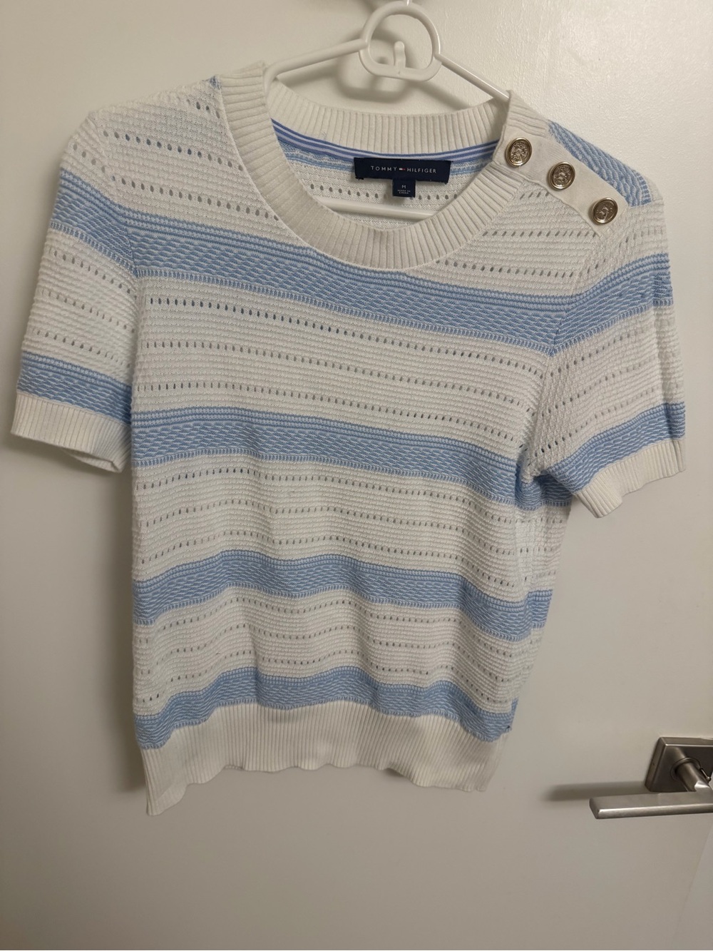 Tommy Hilfiger White and Light Blue Striped Short Sleeve Knit Top